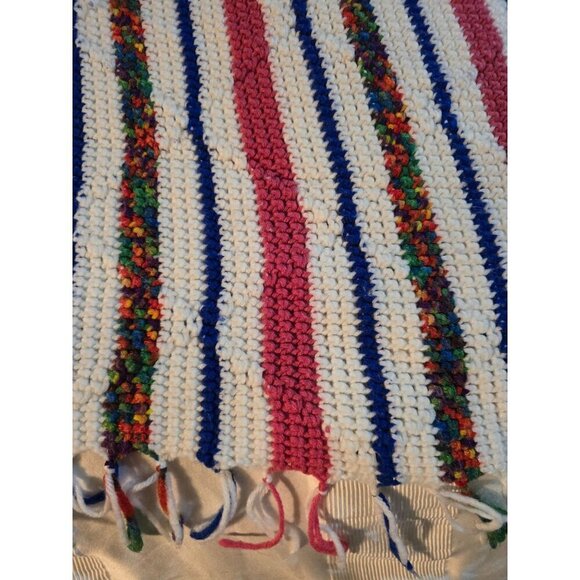 Vintage Handmade Pink Space Dye Striped Fringe Crochet Throw Blanket - Picture 3 of 8